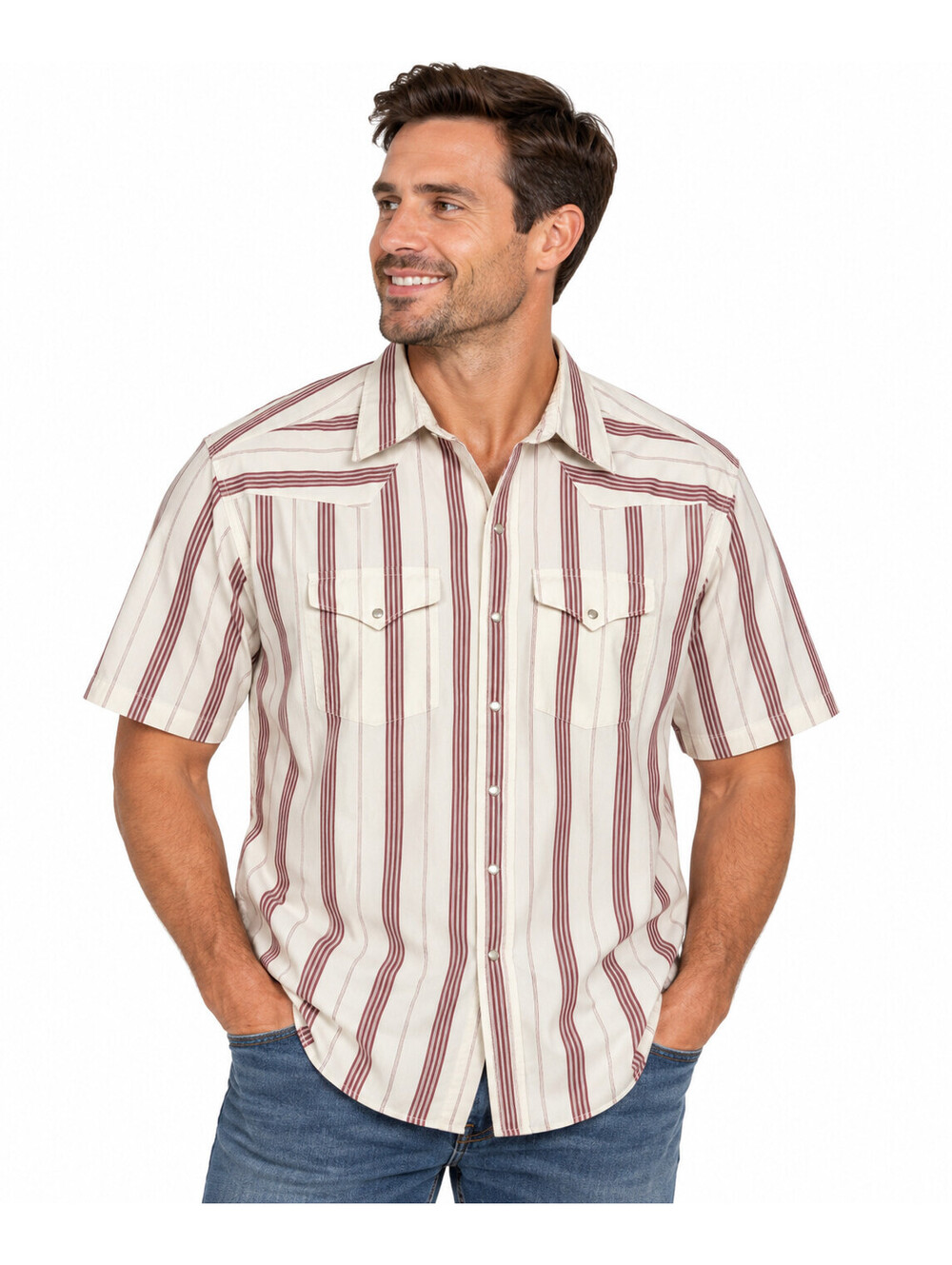 Panhandle Slim Western Shirt Mens XL Cream Burgundy Stripe Pearl Snap Short Slee